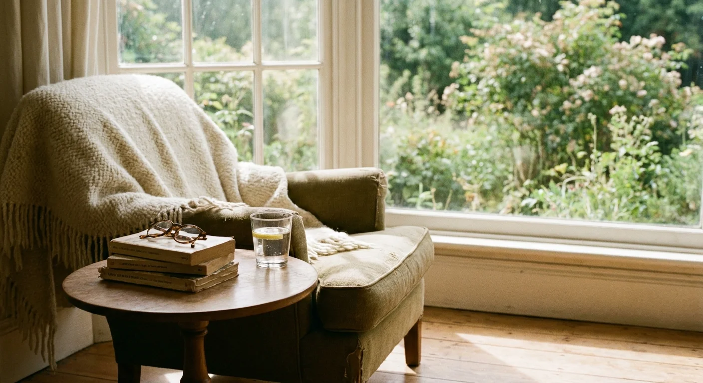 A sunlit reading nook with a comfortable chair and books, evoking a sense of rest and restoration.