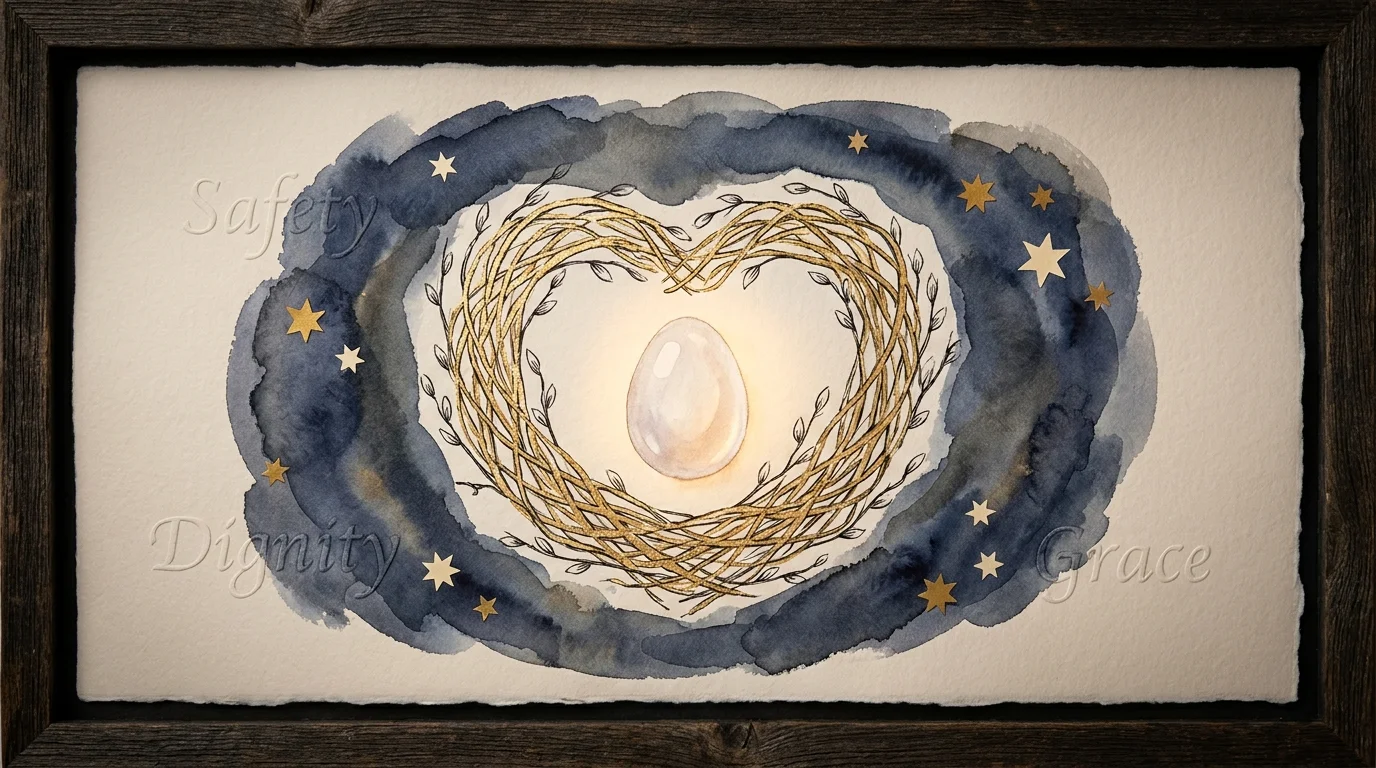 A symbolic illustration of a golden nest protecting a glowing egg, representing the safety and dignity of vulnerable seniors.