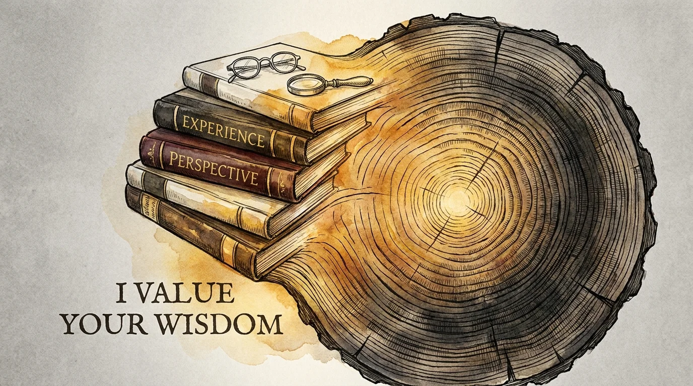 A symbolic illustration of tree rings merging into a stack of books, representing the depth of a parent's wisdom.