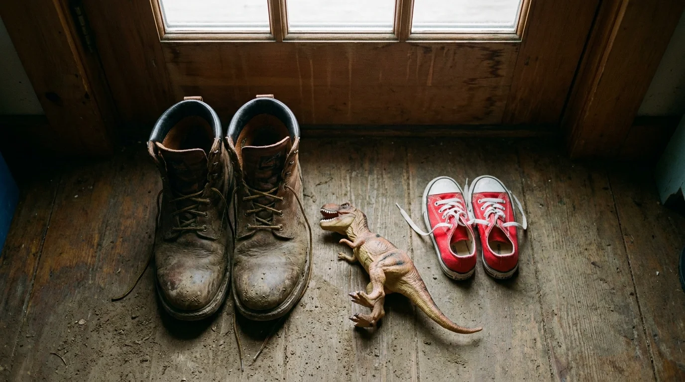 A top-down film photo of a pair of large boots and small red sneakers on a mudroom floor, with a toy dinosaur between them.