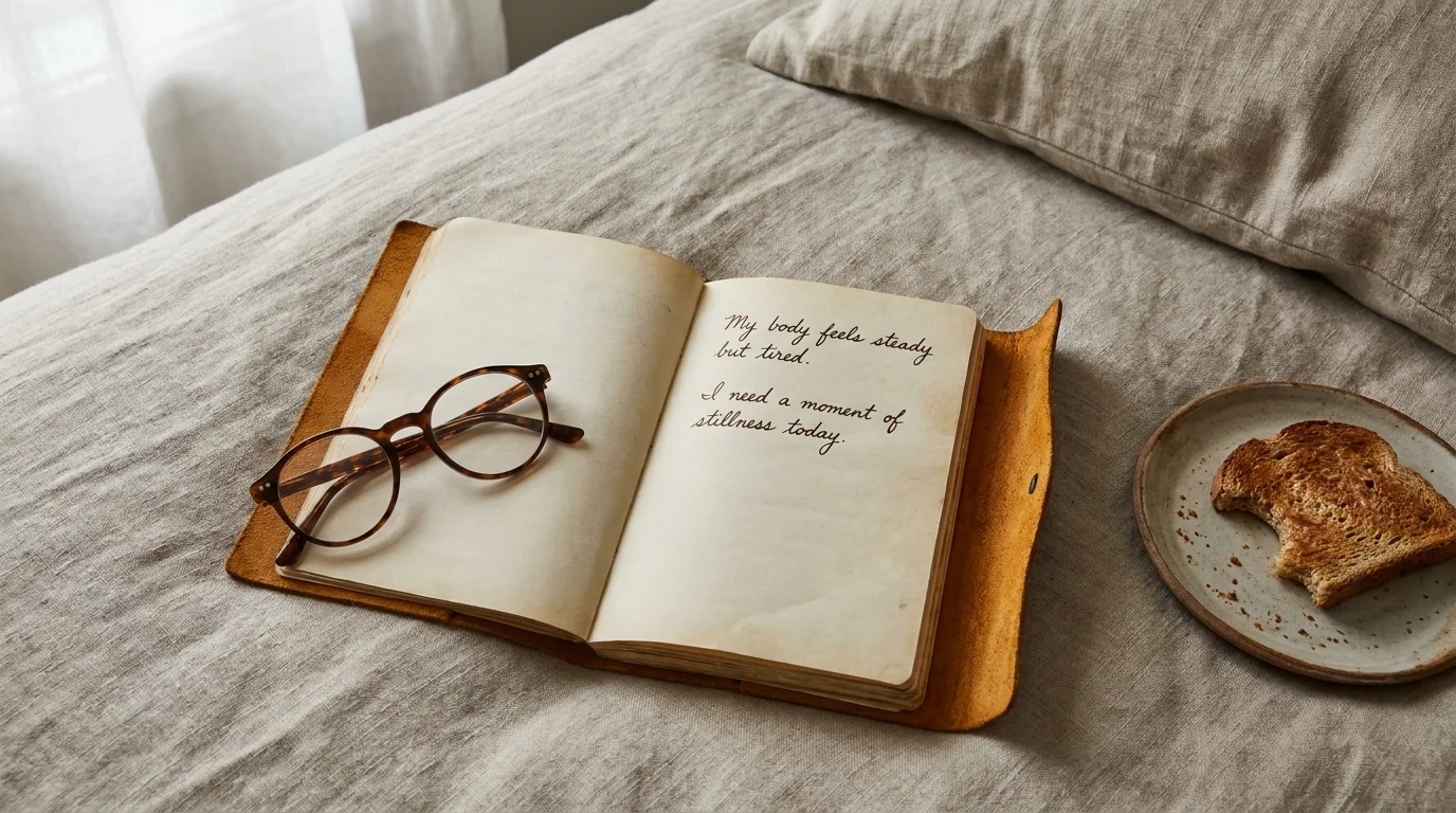 A top-down view of a journal on a bed with handwritten notes about physical feelings and emotional needs.