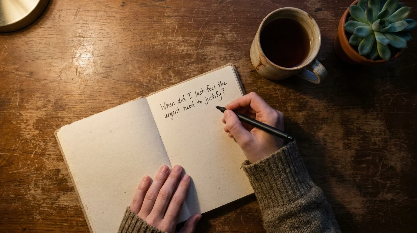 A top-down view of hands writing in a journal with a prompt about self-justification.