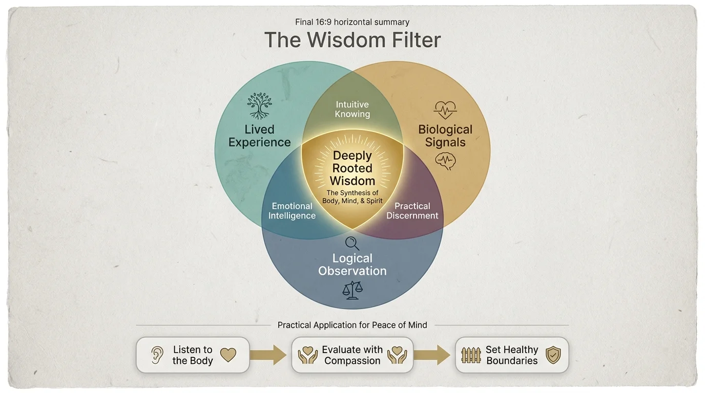 A Venn diagram showing the intersection of experience, biology, and logic as the source of wisdom.