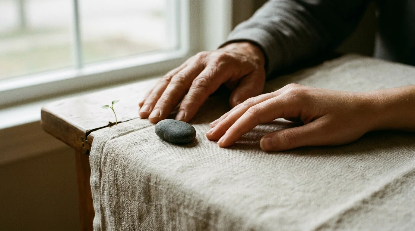 A warm 35mm film photo of two people's hands resting on a linen table, symbolizing the quiet release of forgiveness.