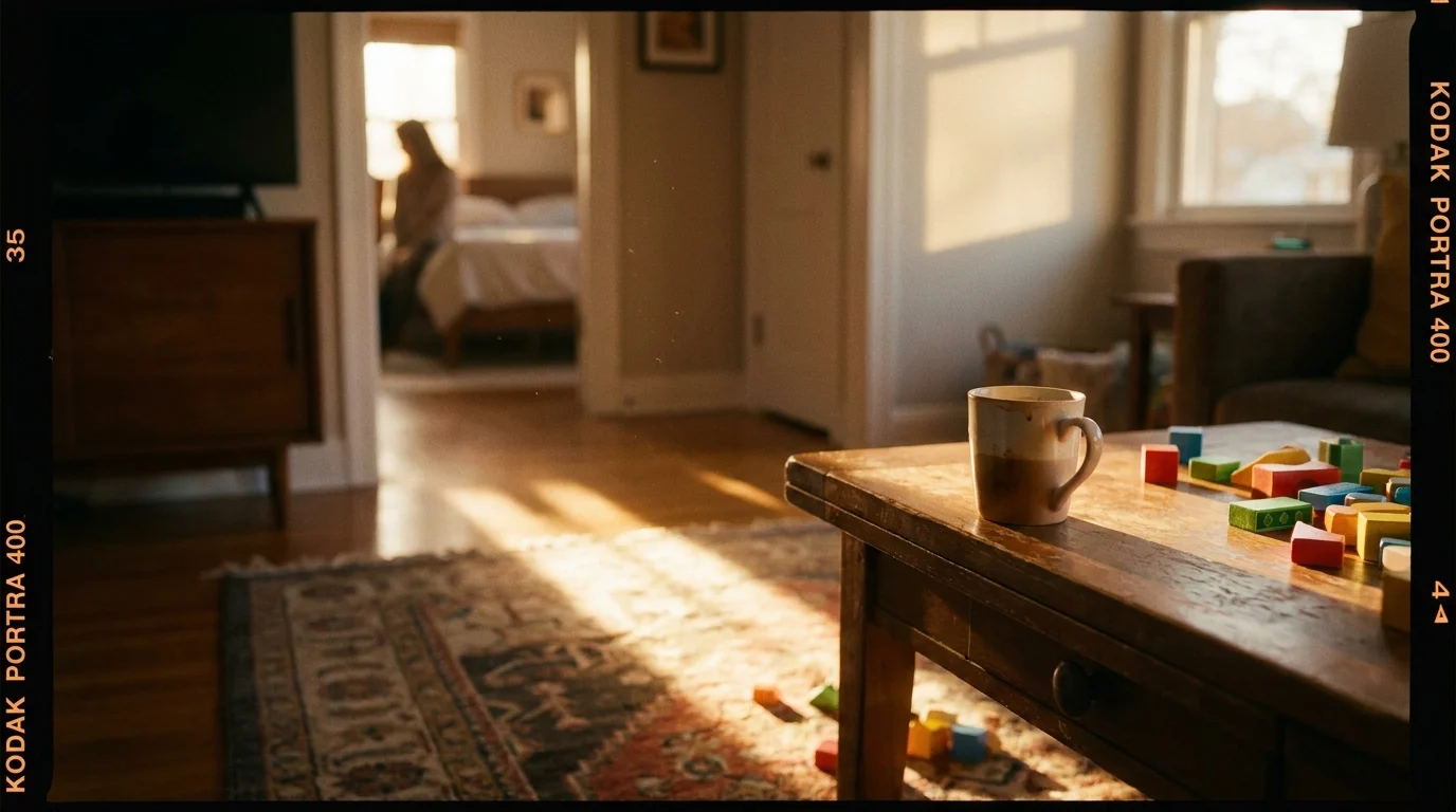 A warm, sunlit living room with building blocks on a rug, captured in a nostalgic 35mm film style.