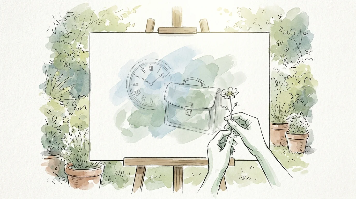 A watercolor illustration of a blank canvas in a garden, symbolizing the shift from career-driven purpose to personal meaning.
