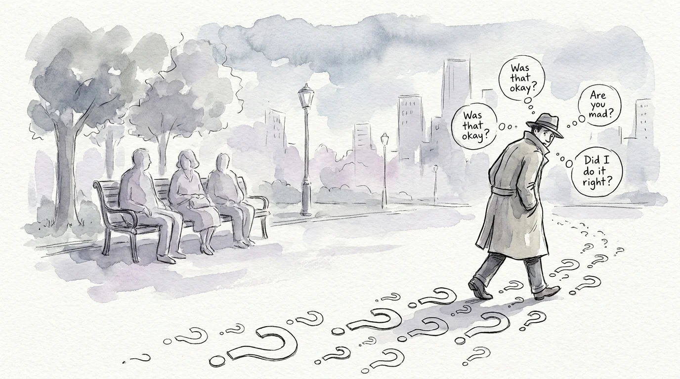 A watercolor illustration of a person walking on question marks, surrounded by bubbles asking for reassurance.
