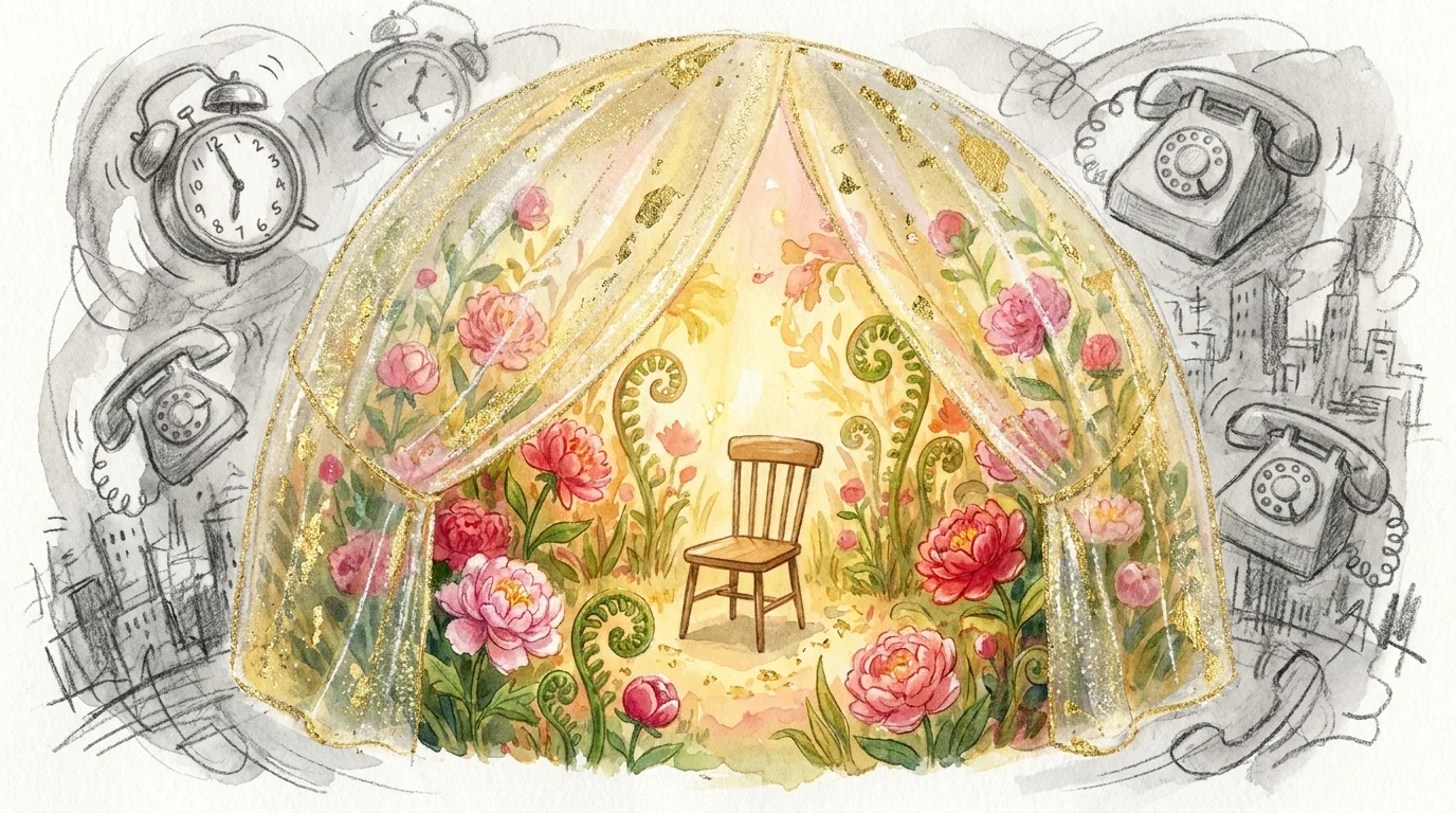 A watercolor illustration of a vibrant garden protected by a translucent golden veil from a grey, chaotic exterior.