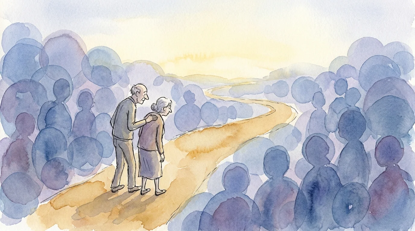 A watercolor illustration of two people walking together, showing support and community during a difficult time.