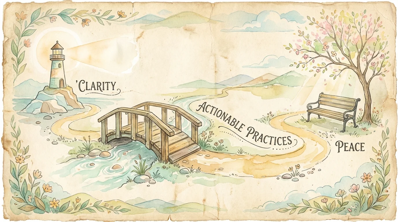 A watercolor map showing a winding path labeled with words like Clarity and Peace, representing a roadmap for the future.