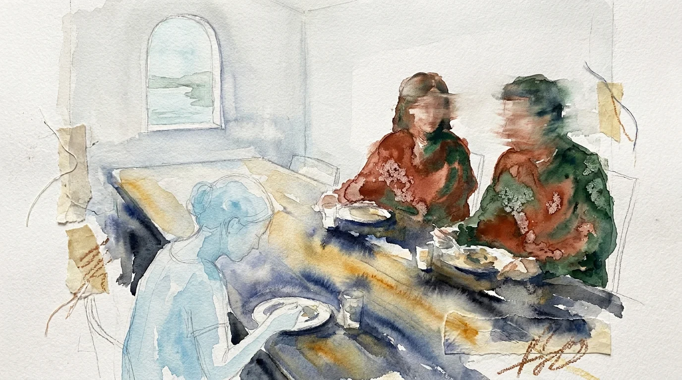 A watercolor painting where one person at a dinner table appears transparent and ghost-like.