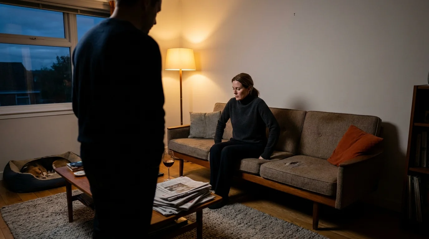 A wide shot of a woman sitting on a sofa in a dimly lit room, looking away from a silhouetted figure in the foreground.