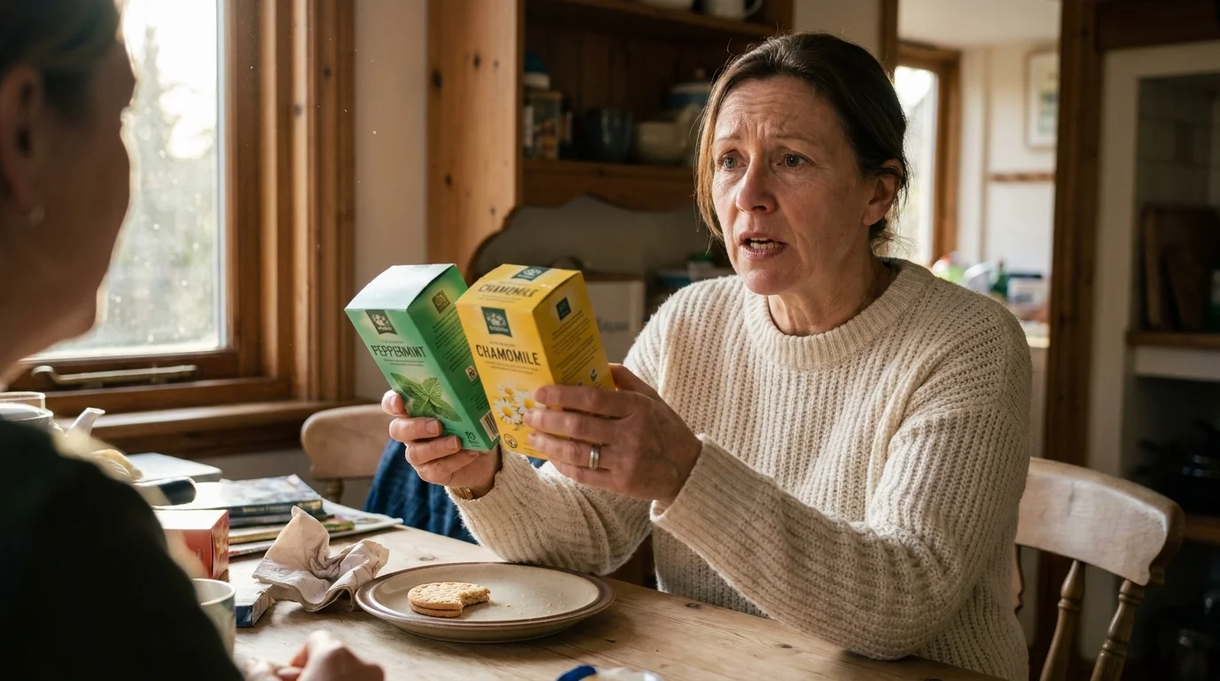 A woman at a kitchen table looking anxious while holding two boxes of tea, appearing to over-explain her choice.