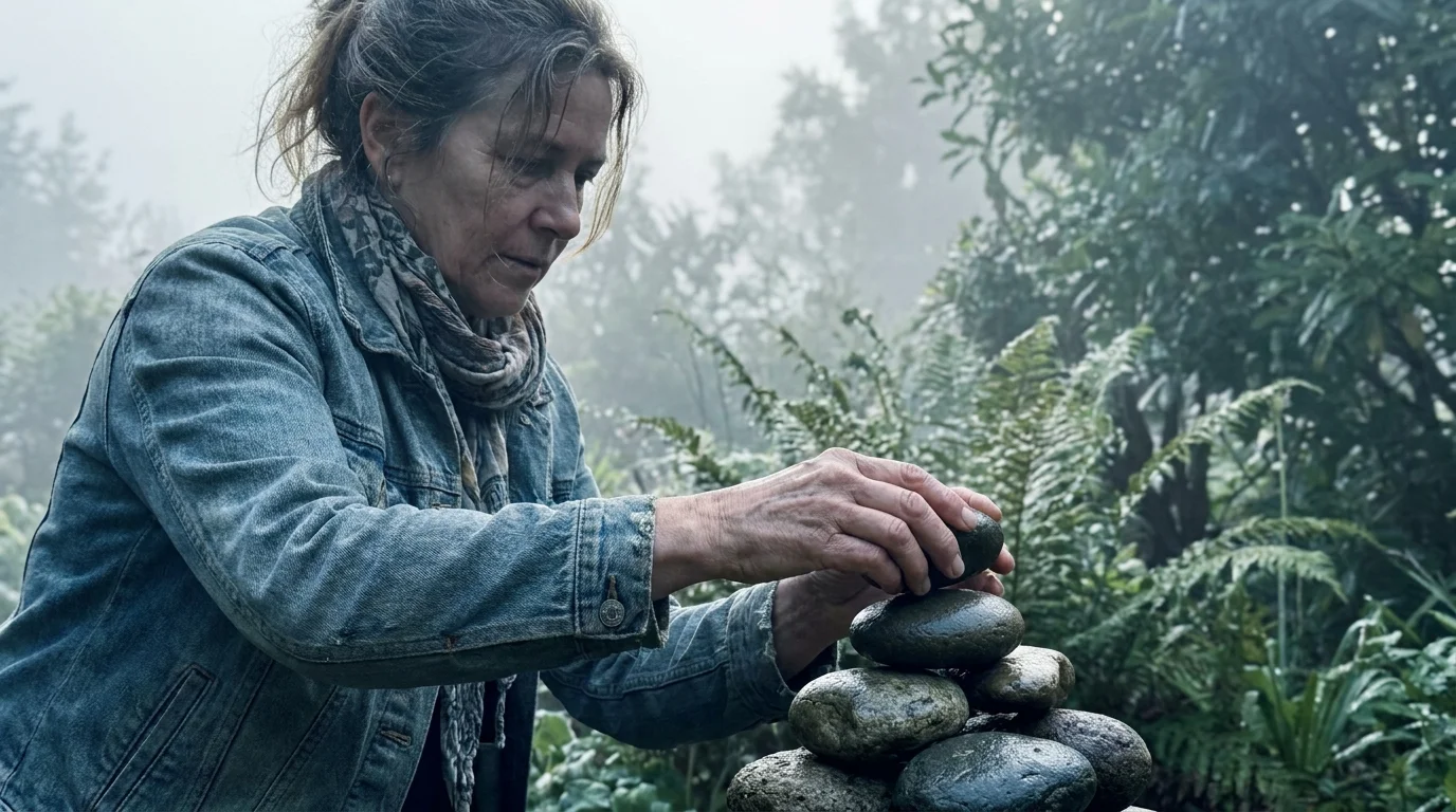 A woman in a garden placing a stone on a cairn at dawn, symbolizing the setting of firm emotional boundaries.