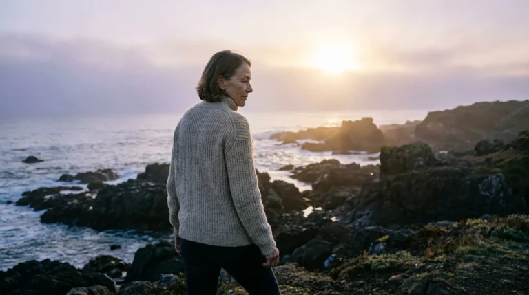 A woman in a knit sweater walks toward a misty ocean horizon at dawn, symbolizing the journey of personal growth and reflection.