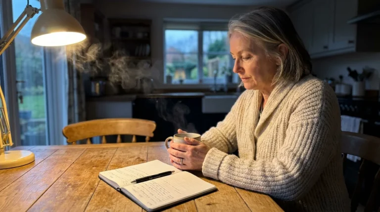 A woman in her 60s sits at a kitchen table in the early morning light, holding a mug and reflecting with a notebook.