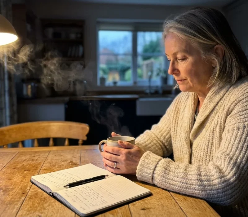 A woman in her 60s sits at a kitchen table in the early morning light, holding a mug and reflecting with a notebook.