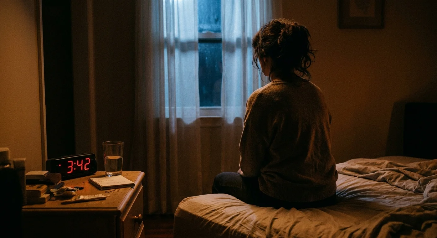 A woman sitting on the edge of her bed in a dark room, with a digital clock showing 3:42 AM.