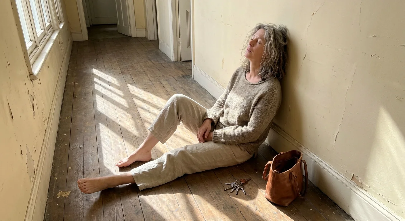 A woman sitting on the floor of her home, looking exhausted after returning from a social interaction.