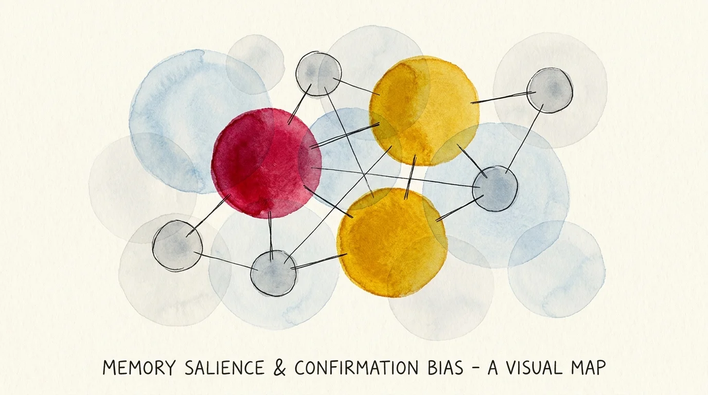 Abstract watercolor circles of different sizes and colors connected by thin lines, representing how some memories stand out more than others