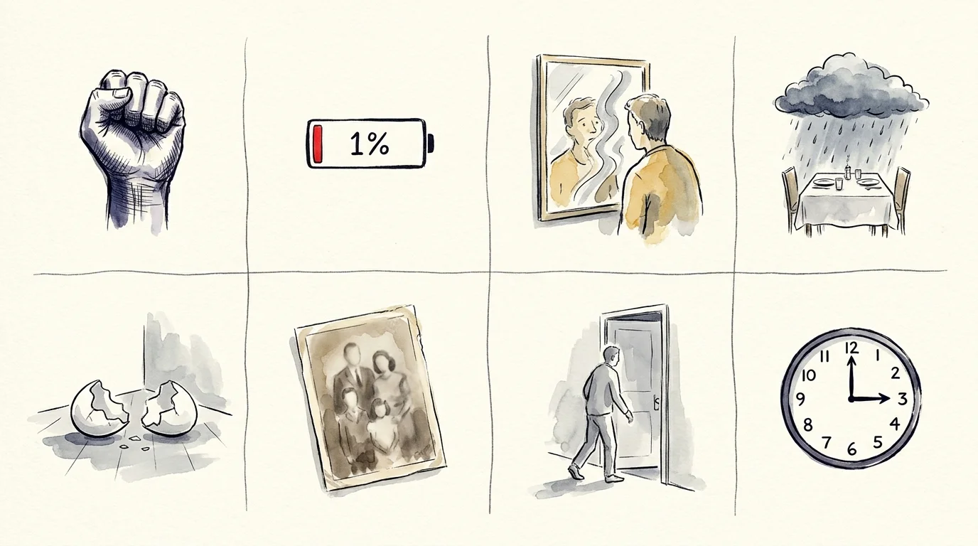 An 8-panel watercolor illustration showing various metaphorical signs of emotional misalignment.