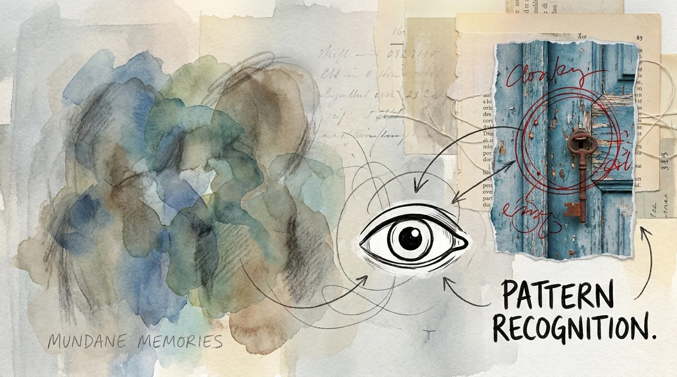 An abstract collage showing a single sharp memory standing out against a background of blurred shapes.