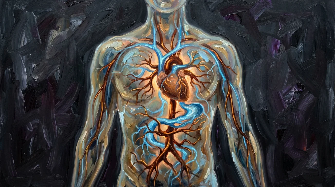 An abstract oil painting of a human torso containing a landscape of roots and rivers, symbolizing how the body stores memories.