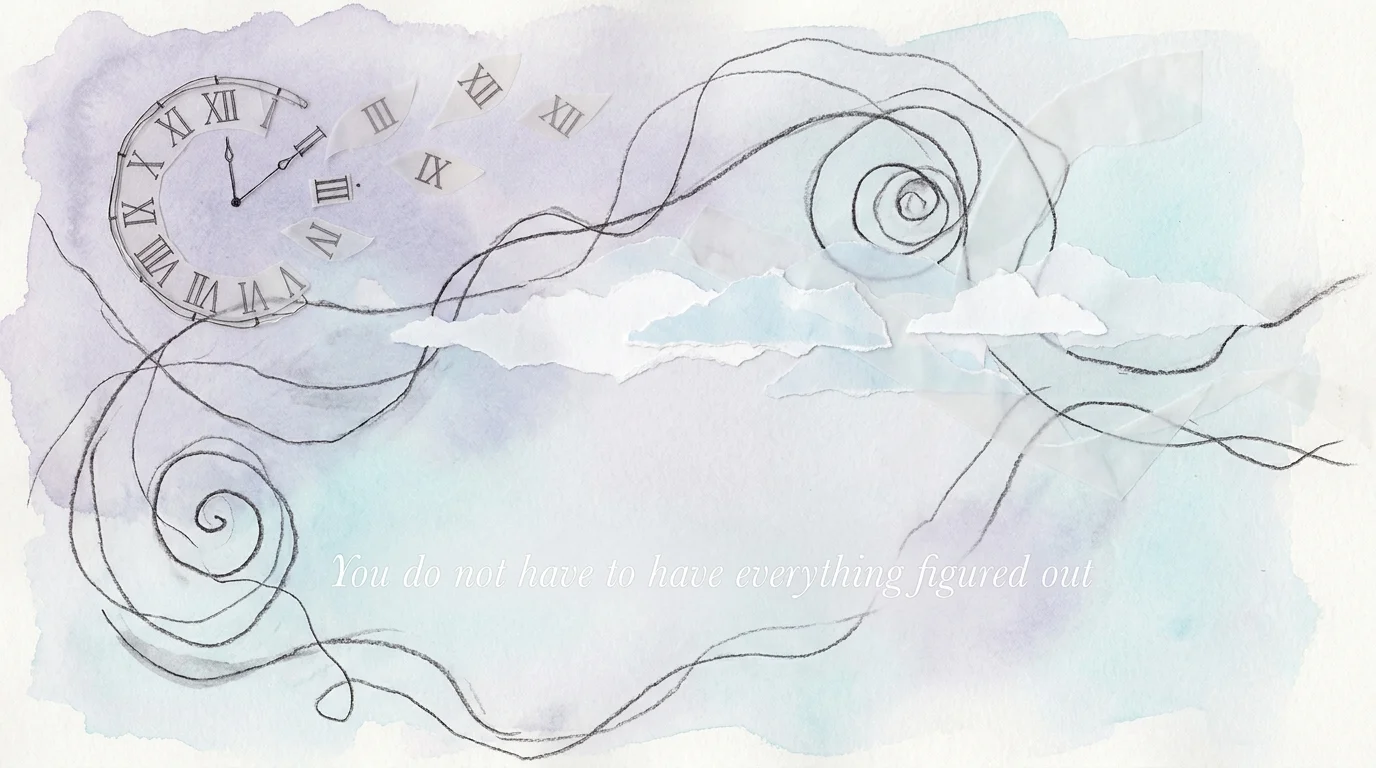 An abstract watercolor and collage piece showing floating clock numbers and unfinished paths, symbolizing the release of pressure.