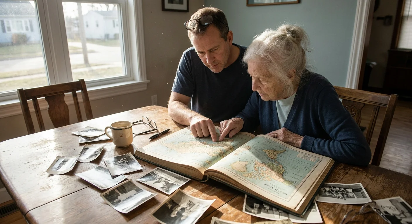 An adult child and parent look at old photos and an atlas together at a table, exploring memories and feelings.