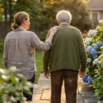 An adult daughter walks beside her elderly father in a sunny garden, her hand resting gently on his shoulder in a supportive gesture.