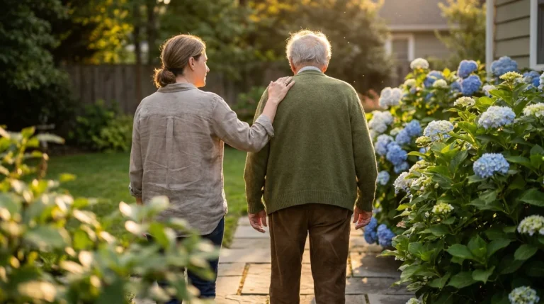 An adult daughter walks beside her elderly father in a sunny garden, her hand resting gently on his shoulder in a supportive gesture.