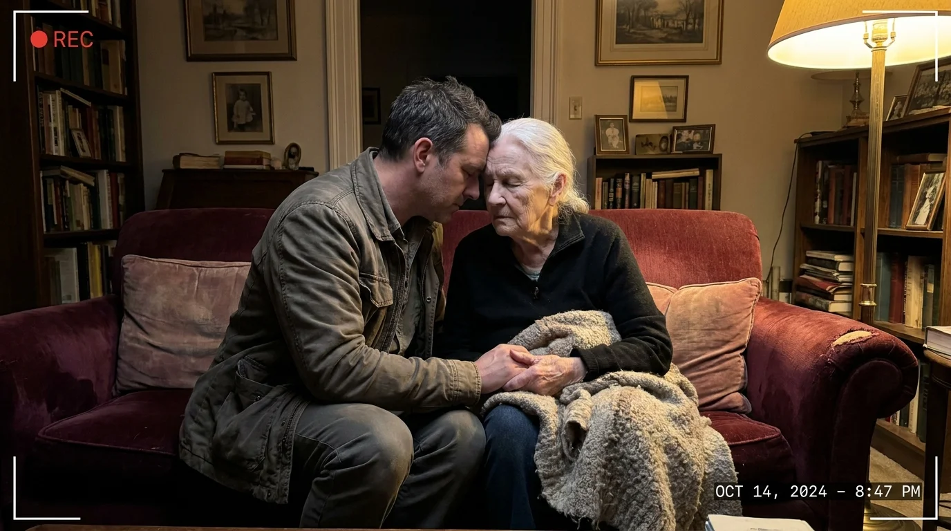 An adult son and his elderly mother share a quiet, forehead-to-forehead moment of reconciliation on a sofa.