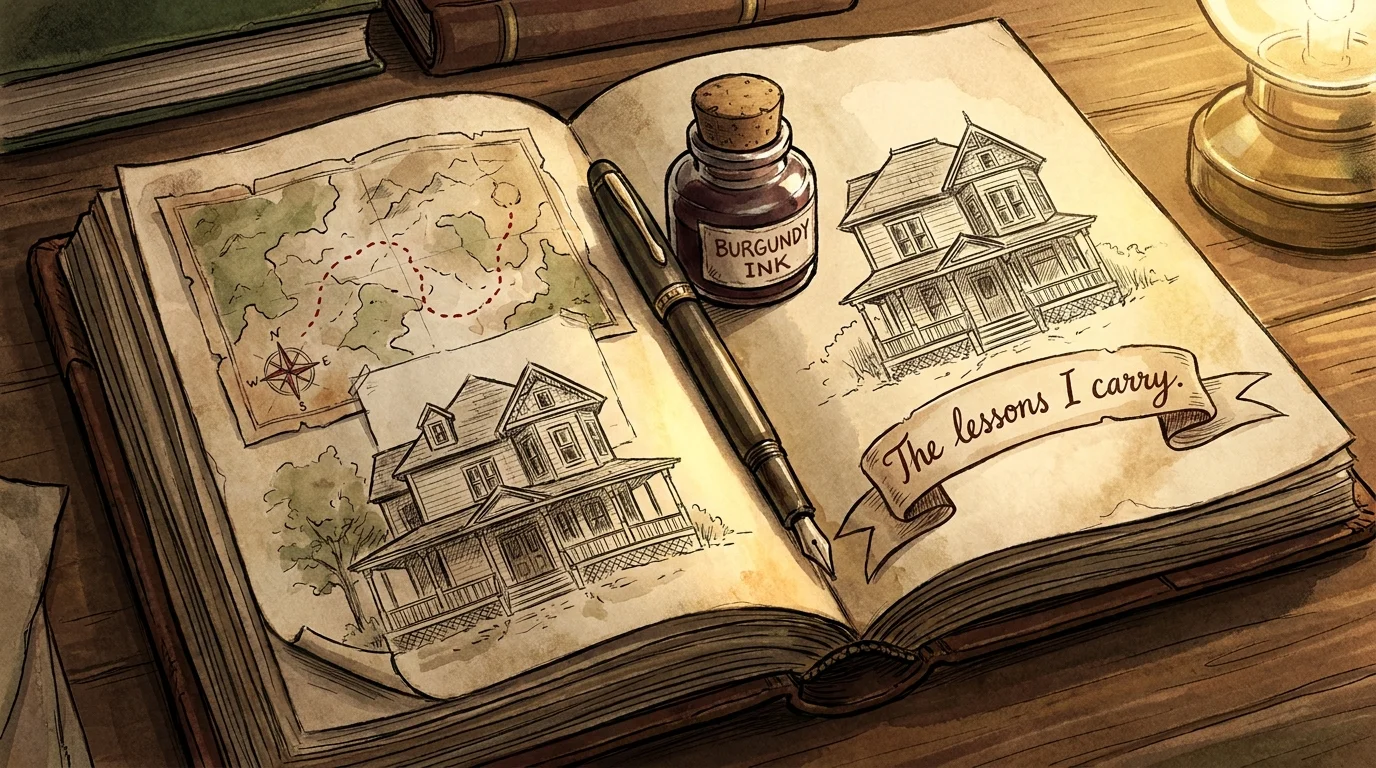 An artistic illustration of an open scrapbook with sketches and handwritten notes about personal history.