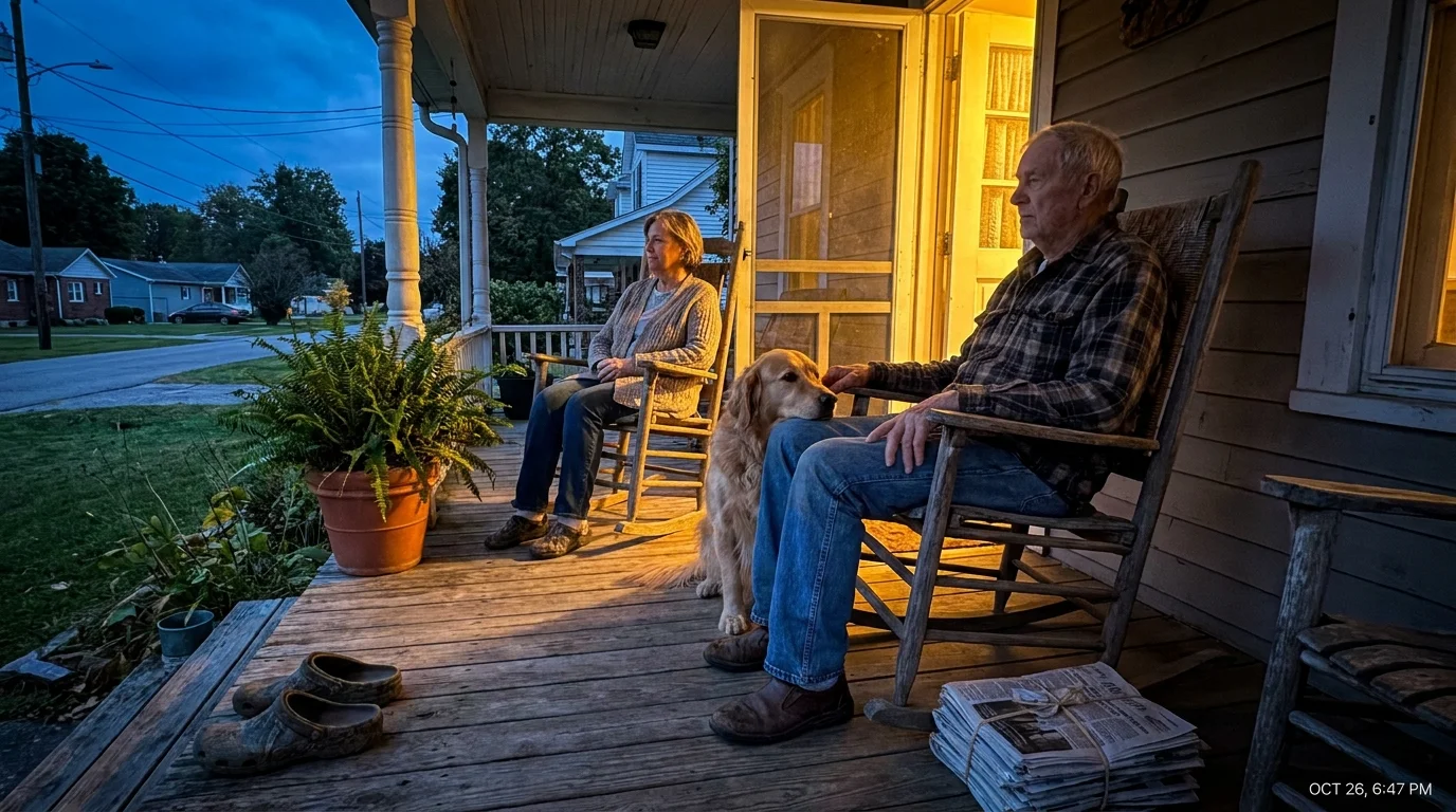 An elderly man and his daughter sit quietly on a porch at dusk with a dog, illustrating the power of simple presence.