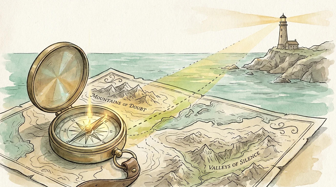 An illustration of a compass on a map pointing toward a lighthouse, representing a safe path to the truth.