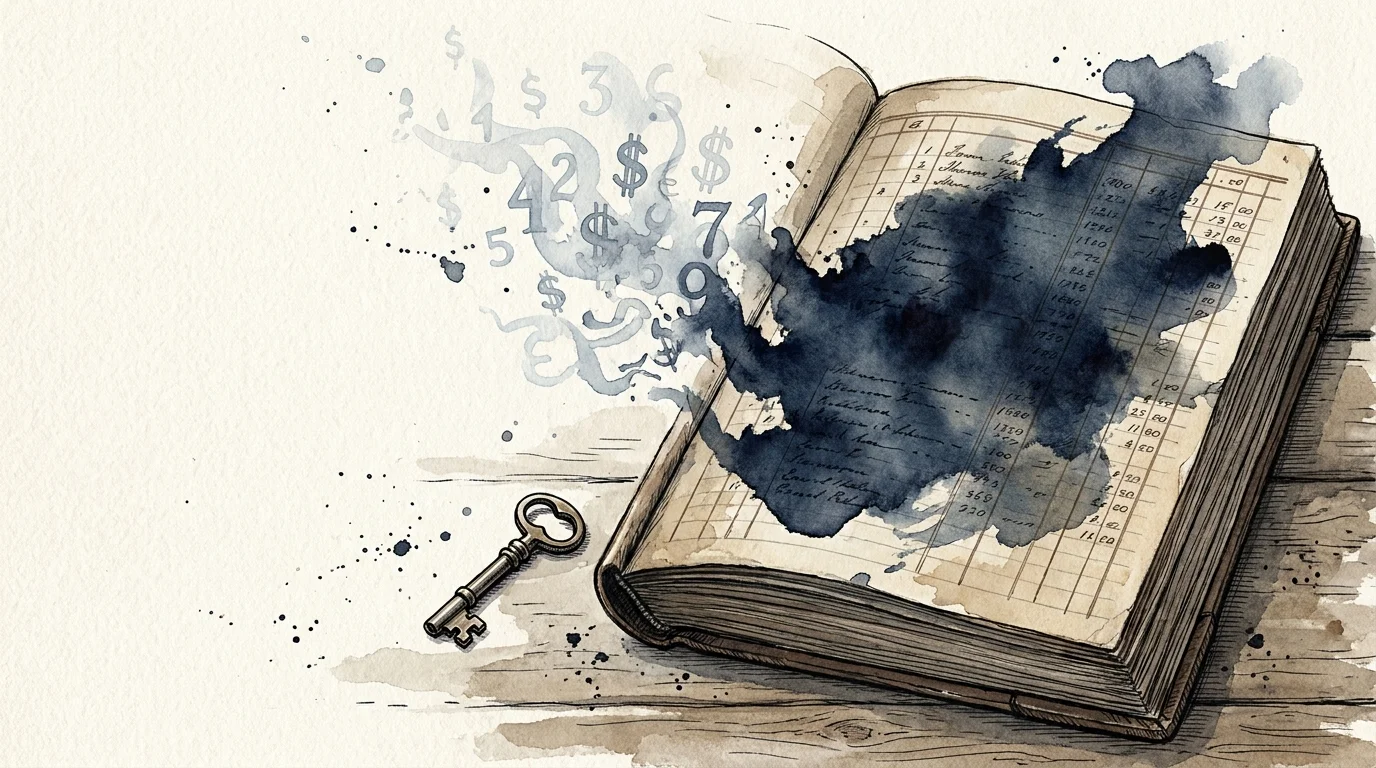 An illustration of a ledger book where one side is obscured by a dark ink spill, with fading currency symbols floating around it.