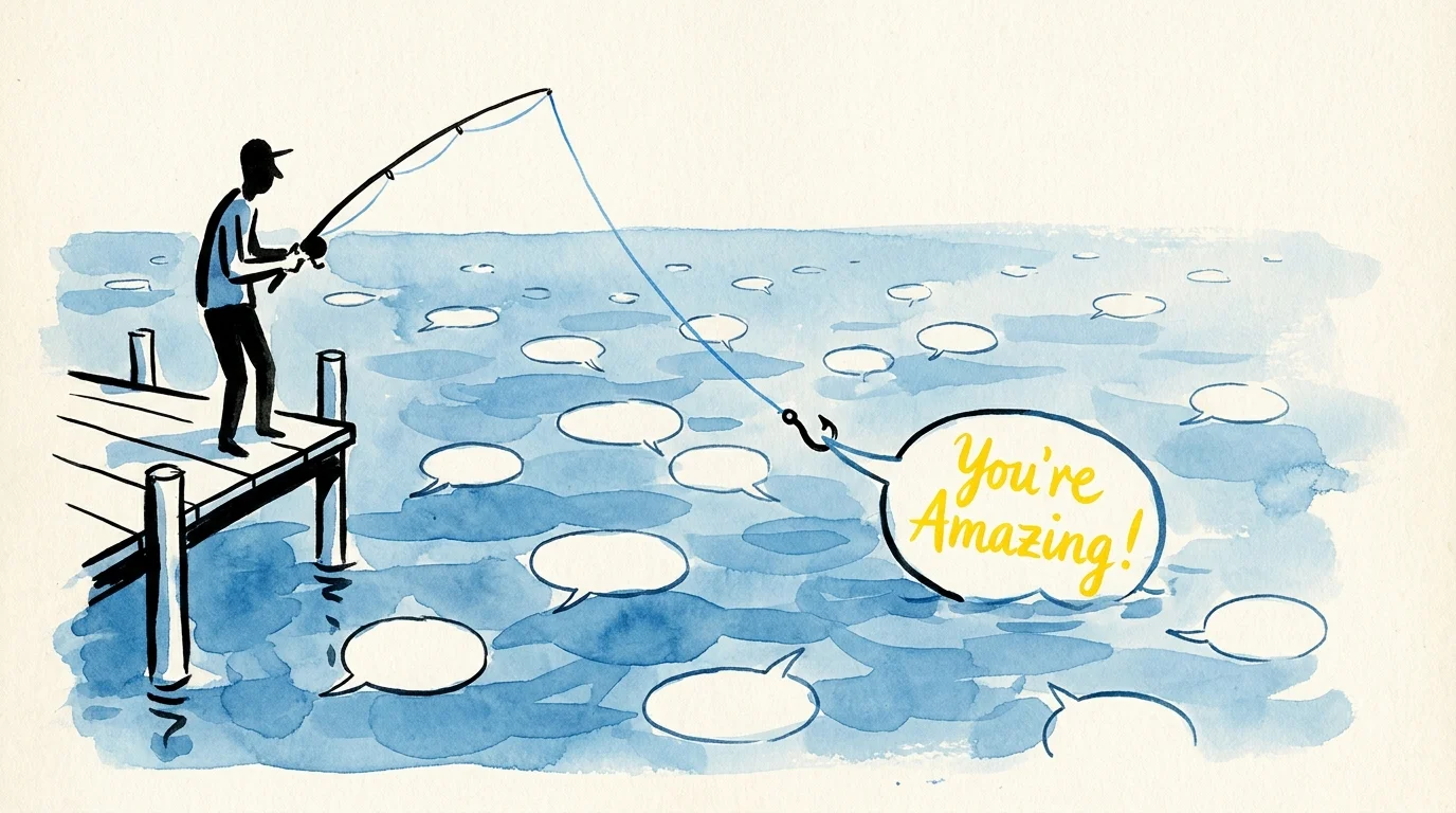 An illustration of a person fishing in a sea of empty bubbles, catching one that says 'You're Amazing!'.