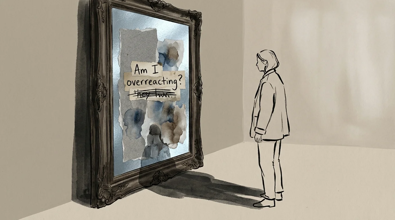 An illustration of a person looking into a mirror where their reflection is fragmented and questioning.