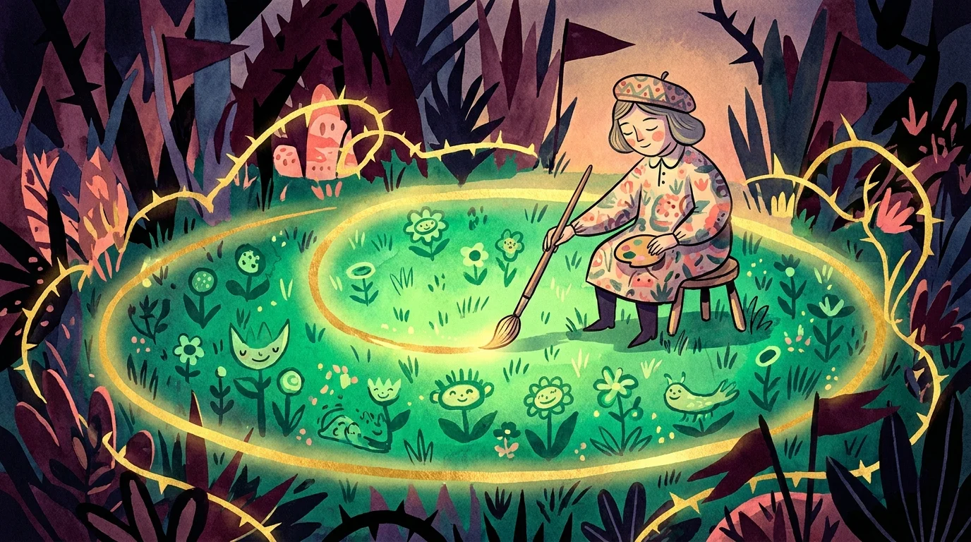 An illustration of a person painting a protective gold circle around themselves in a garden.