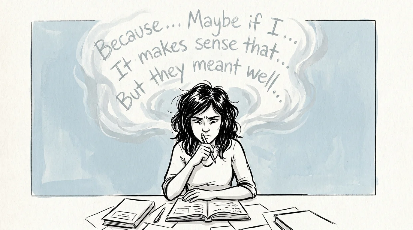 An illustration of a person surrounded by a cloud of self-justifying thoughts and phrases.