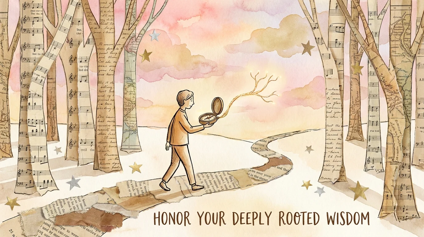 An illustration of a person walking through a forest of memories with a glowing compass, representing self-exploration.