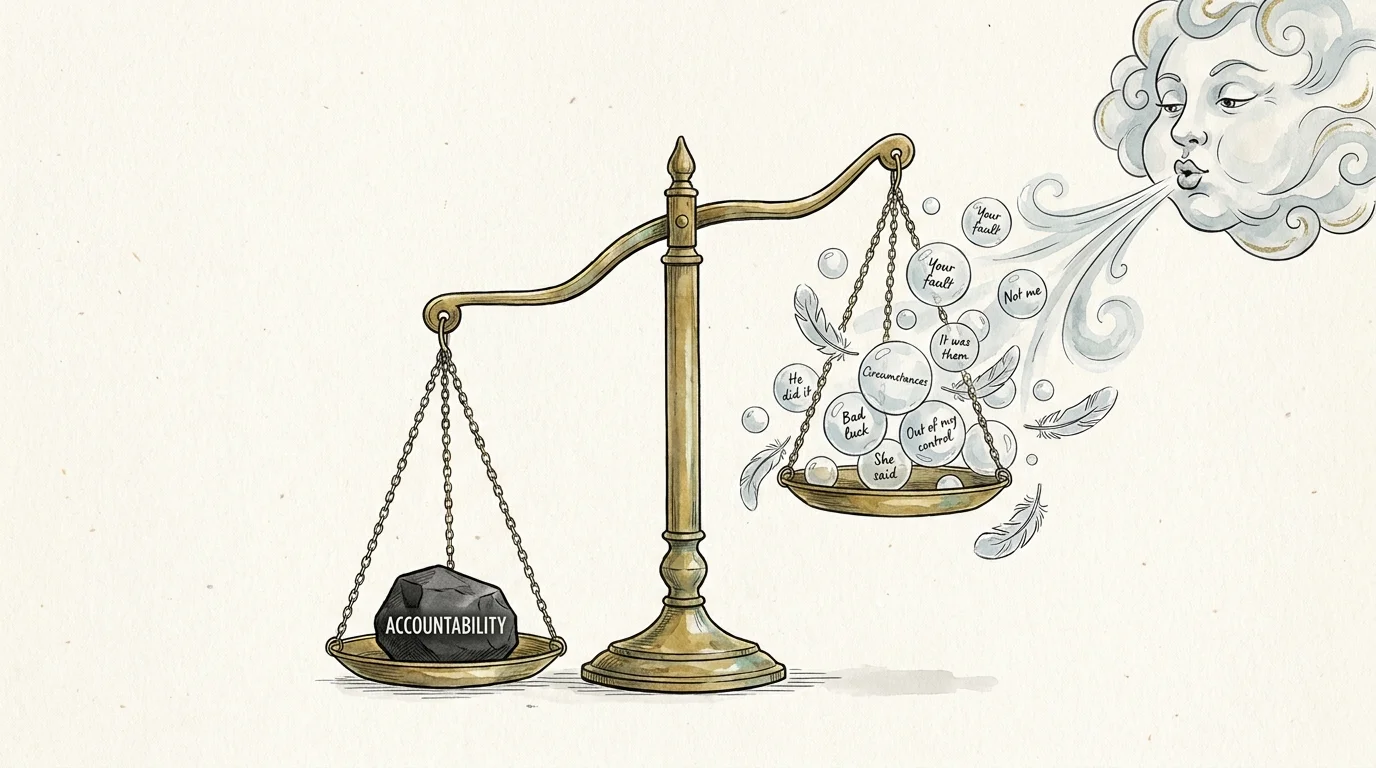 An illustration of an unbalanced scale with a heavy stone labeled accountability on one side and light bubbles on the other.