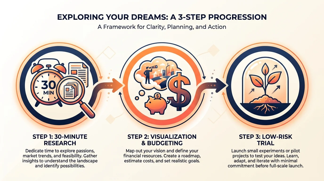An infographic showing a 3-step process: 30-minute research, budgeting, and a low-risk trial.