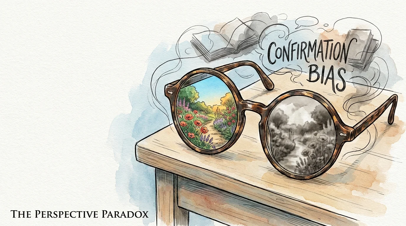 An ink and watercolor drawing of glasses where one lens shows a clear scene and the other shows a distorted, gray version.