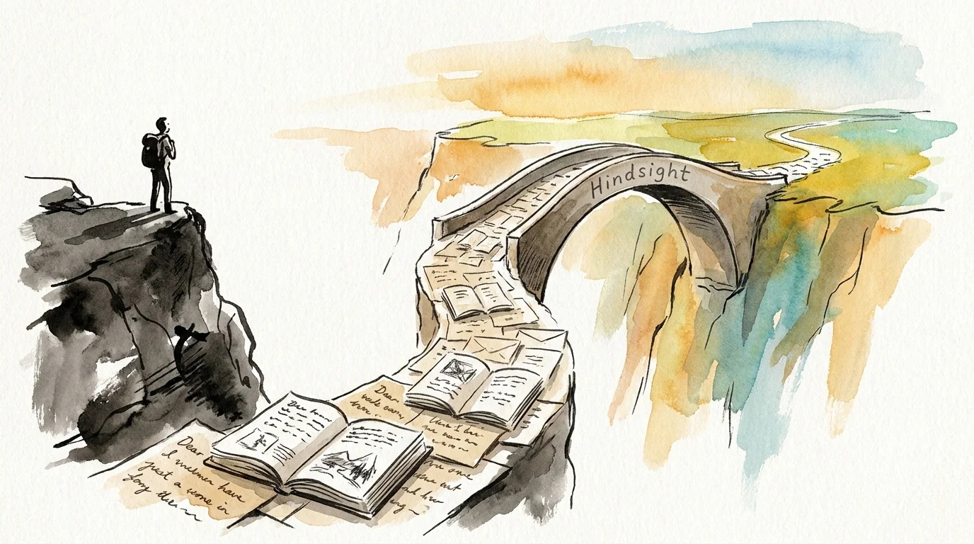 An ink and watercolor illustration of a path of journals turning into a bridge labeled Hindsight, crossing a canyon toward a sunny land.