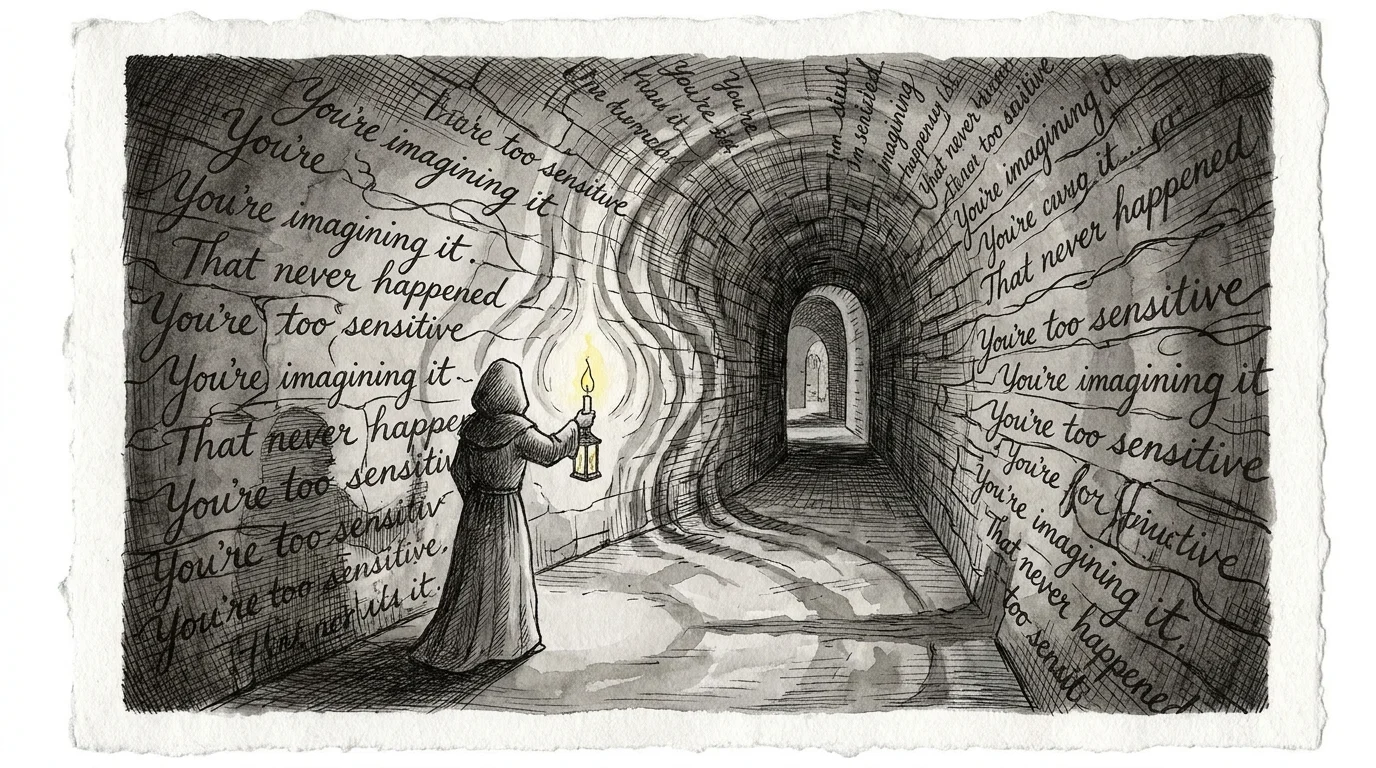An ink drawing of a person with a candle in a hallway where the walls are made of gaslighting phrases that distort the light.
