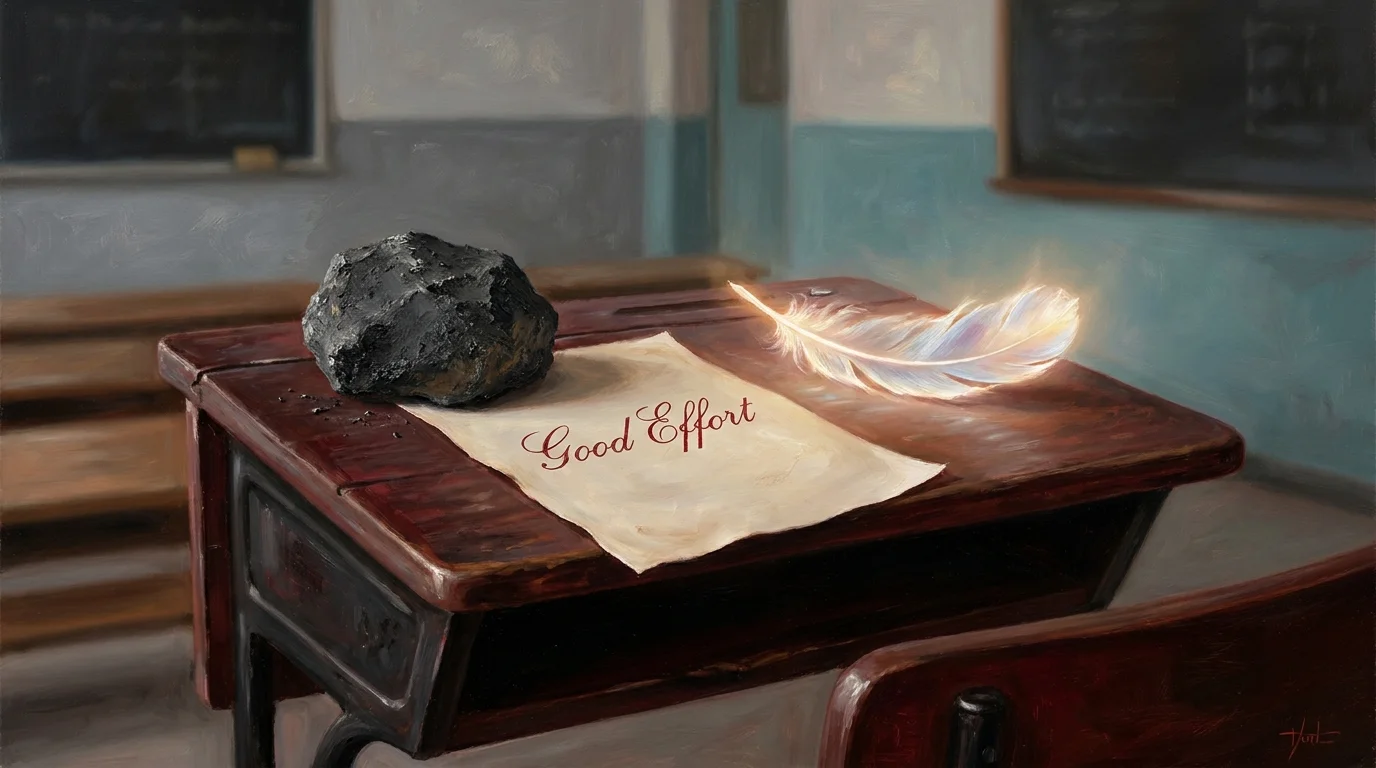 An oil painting of a school desk with a paper that says 'Good Effort', balanced by a heavy stone and a glowing feather.
