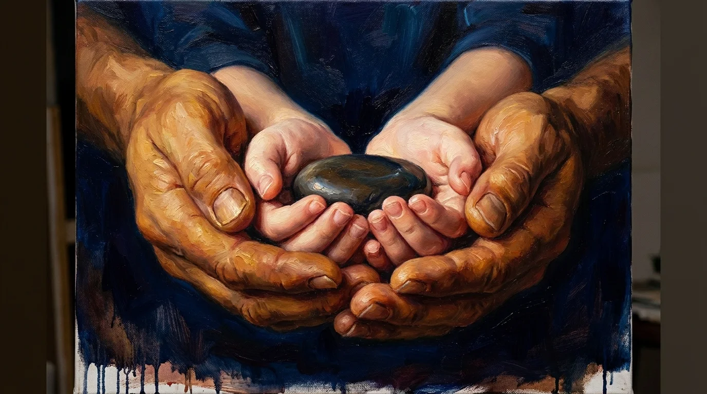 An oil painting of an adult's hands gently cupping a child's hands, symbolizing security and emotional attunement.