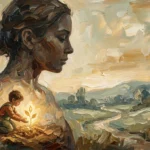 An oil painting of an adult's silhouette containing a miniature scene of a child planting a glowing seed in a lush garden.