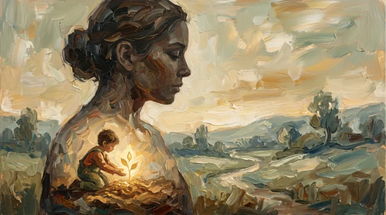An oil painting of an adult's silhouette containing a miniature scene of a child planting a glowing seed in a lush garden.